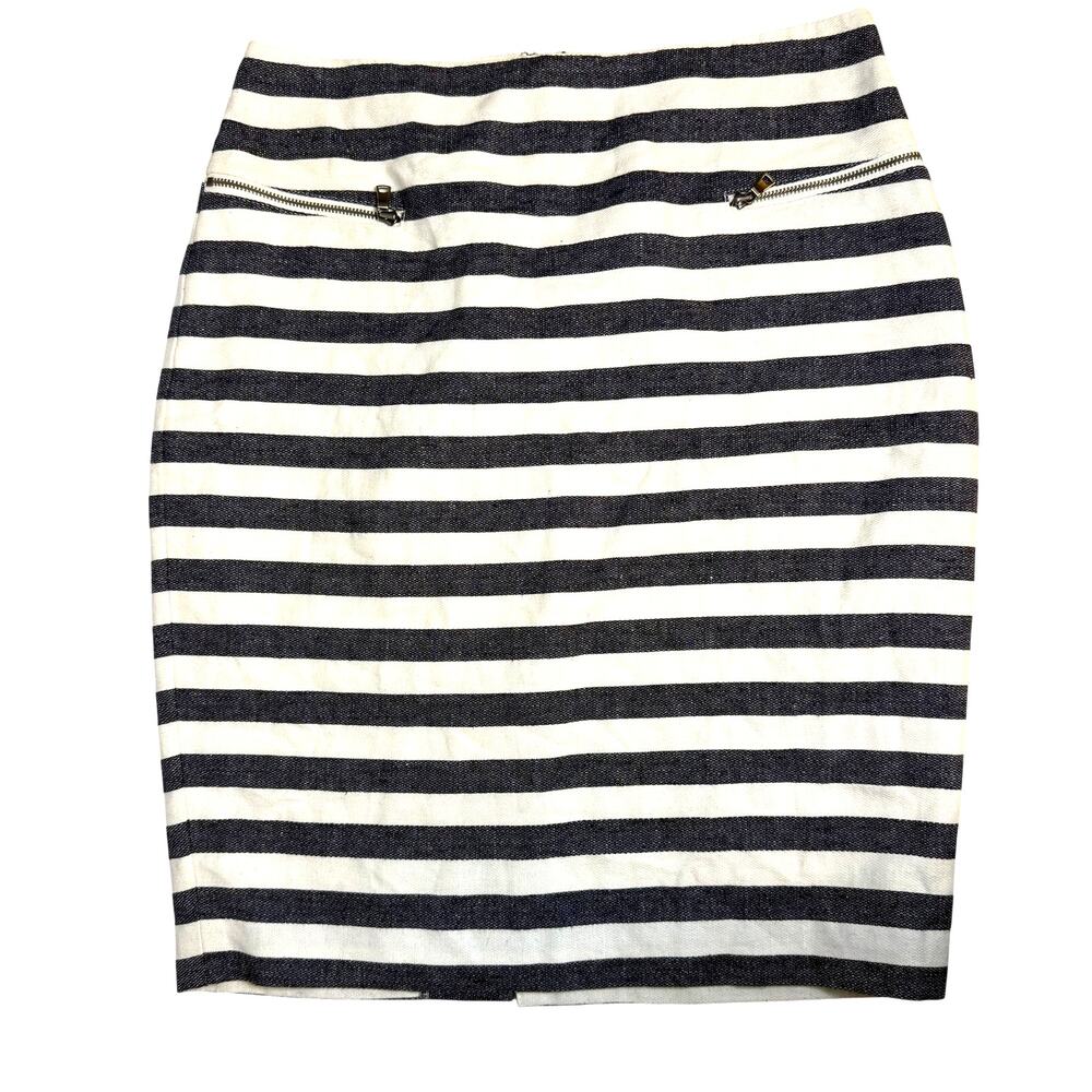 Ann Taylor Women's Size 4 Navy White Striped Linen Blend Pencil Skirt Zip